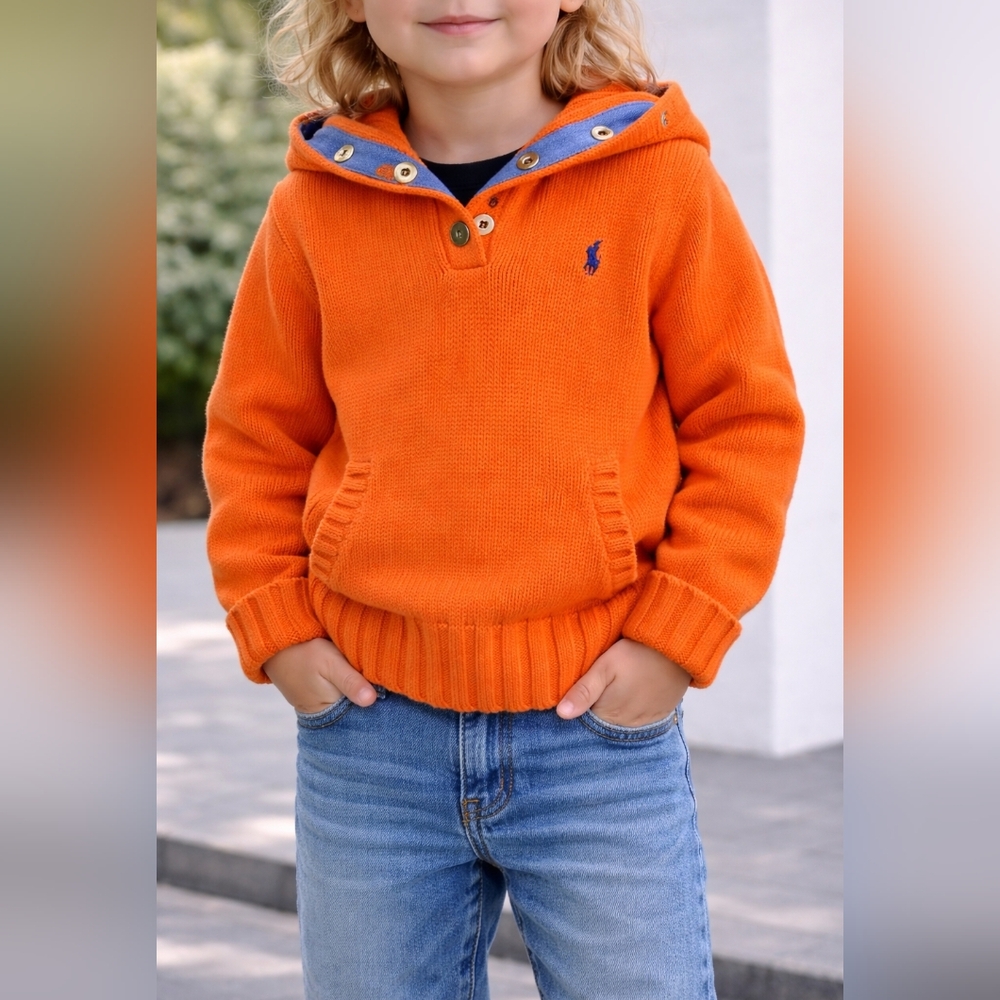 Ralph Lauren Orange Hooded Button Sweater 3T Classic Pony